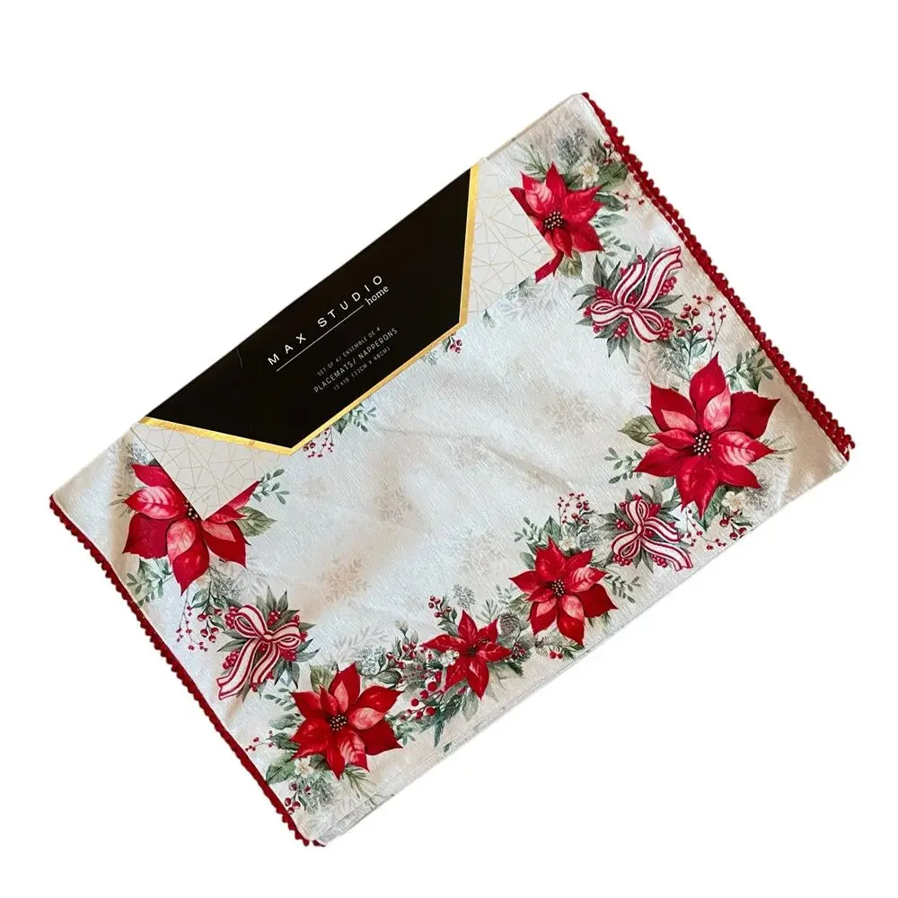 Max Studio Christmas Poinsettia & Bows Placemats 13x19 Set of 4 Holiday Red NEW
